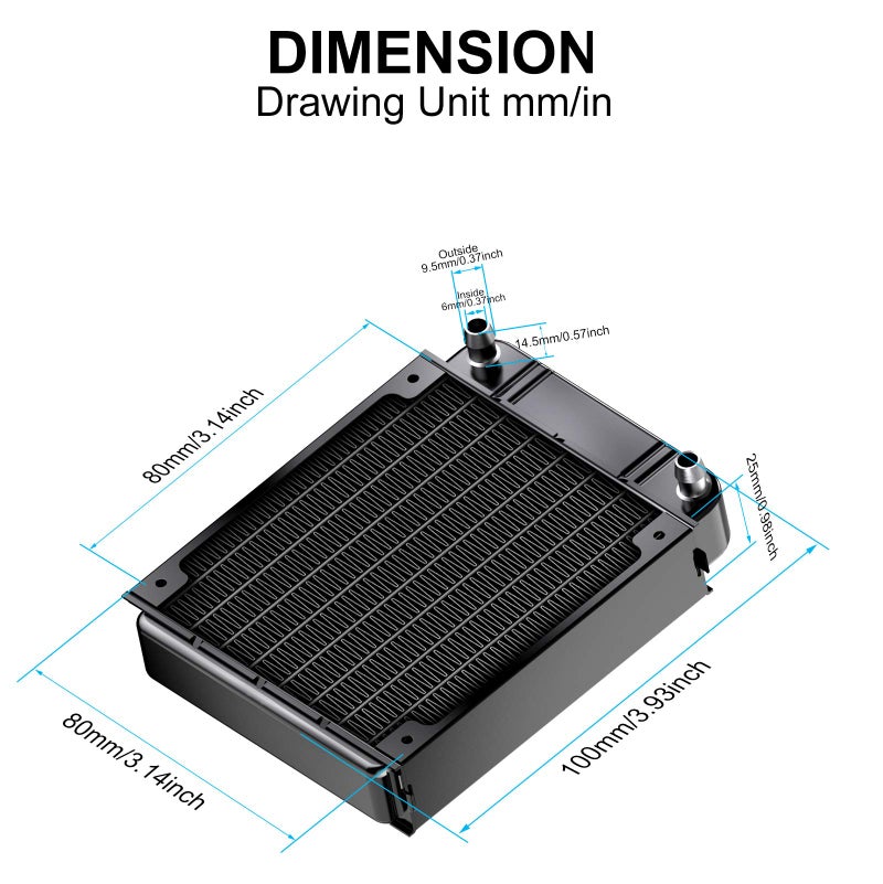 Clyxgs Water Cooling Radiator, 8 Pipe Aluminum Heat Exchanger Radiator with Fan for PC CPU Computer Water Cool System DC12V 80mm Black - Image 2